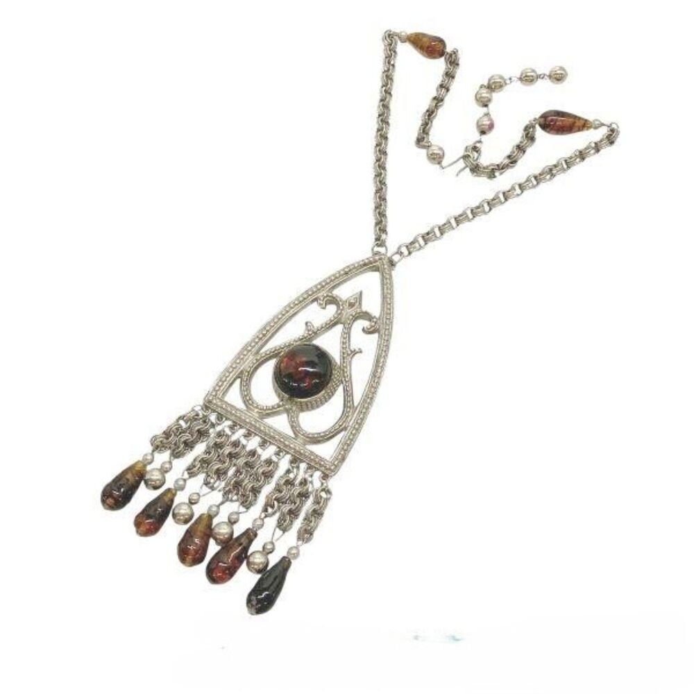 Vintage Lucien Piccard Runway Statement Necklace Faux Amber Fringe Tribal 1970s